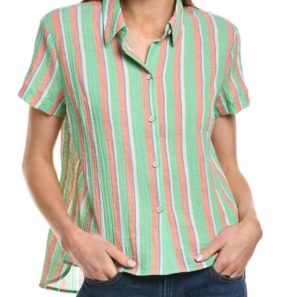 Cabi Camp Green and Orange Striped Button Down Shirt